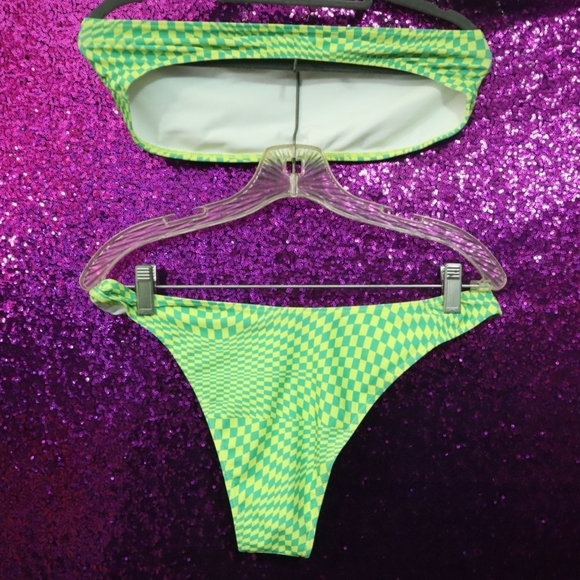 CHECKERBOARD BIKINI L Shein Strapless Cheeky Cute Summer Neon Dayglo Bright - Picture 5 of 7